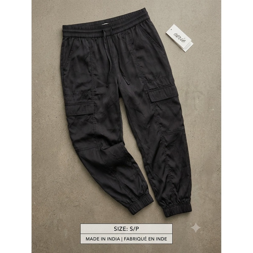 Aerie, Girl Washed Black Tencel Elastic Waist Utility Pant Sz Small